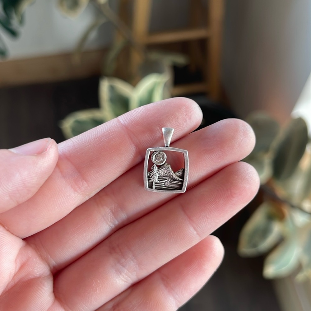 Sterling Silver Mountain & River Pendant with a Diamond